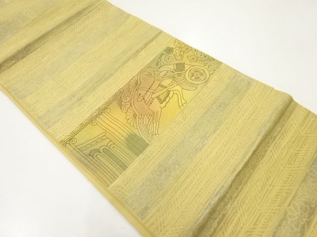 JAPANESE KIMONO / ANTIQUE FUKURO OBI / SILK / WOVEN PEOPLE RIDING HORSE